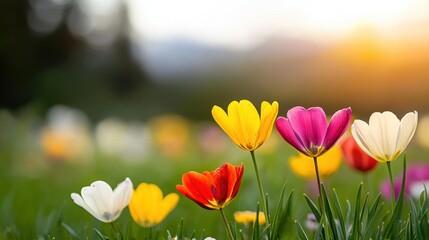 Colorful Tulips Blooming in a Sunlit Meadow During Springtime at Sunset