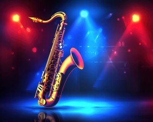 Naklejka premium A vibrant saxophone illuminated by colorful blue and red stage lights, creating an energetic and musical atmosphere.