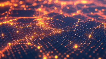 Obraz premium Abstract digital network background with glowing orange lights and interconnected grid patterns.