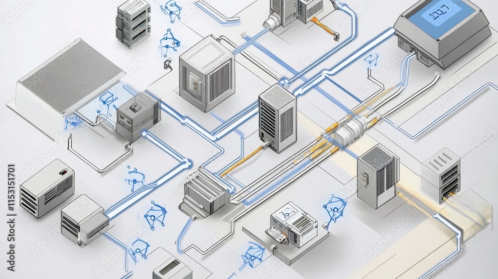 Poster an intricate diagram showcasing a network of interconnected machines and server systems in a technic