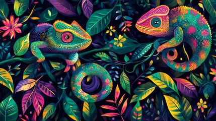 Vector seamless background of chameleons. Chaotic chameleons on the branches