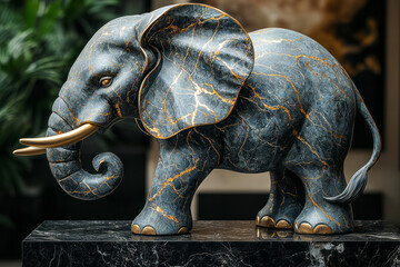 Obraz premium An elephant sculpted from marble, with veins of gold highlighting its trunk and large ears,