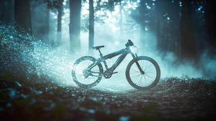 Obraz premium A mountain bike poised on a misty forest trail, surrounded by ethereal blue light effects in a serene atmosphere.