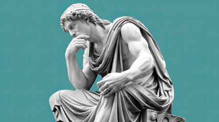 Ancient Greek or Roman Statue of a Person in Thinking Pose, White Sculpture with Solid Turquoise Background, Classical Art Figure, Intellectual Reflection, Iconic Historical Artwork for SEO