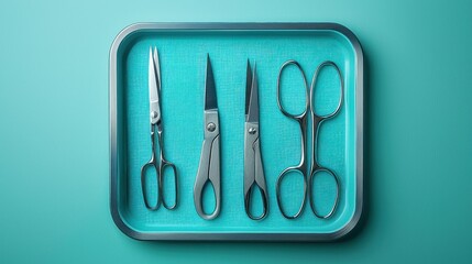 Collection of Four Different Types of Scissors Arranged Neatly on a Vibrant Teal Tray Capturing the Essence of Crafting and Precision Tools for Creative Projects