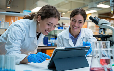 Fototapeta premium Two female scientists in white lab coats and blue gloves in a laboratory, one leaning over a table looking at a digital device with a joyful expression, while the other smiles, with lab equipment