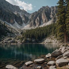 Fototapeta premium A mountain lake surrounded by rocky cliffs and pine trees.