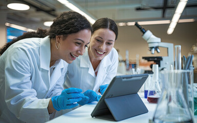 Two female scientists in white lab coats and blue gloves in a laboratory, one leaning over a table looking at a digital device with a joyful expression, while the other smiles, with lab equipment
