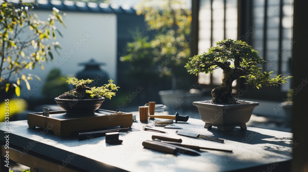 Poster a serene bonsai trimming station in a quiet courtyard, bonsai trees and tools neatly arranged on a t