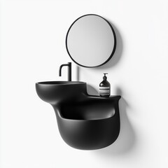 Obraz premium Modern Black Wall-Mounted Bathroom Sink with Round Mirror and Soap Dispenser.