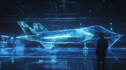 A hologram of an airplane. Aviation consists of polygons, triangles of points and lines. The plane is a low-poly compound structure. Technology concept vector.