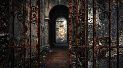 Rusty Iron Gate Leading to an Abandoned Mysterious Pathway