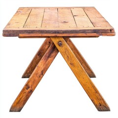 Rustic Wooden Folding Table, Side View, Isolated on White.
