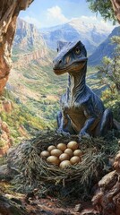 Obraz premium A dinosaur sitting on a nest of eggs in a scenic mountainous landscape.