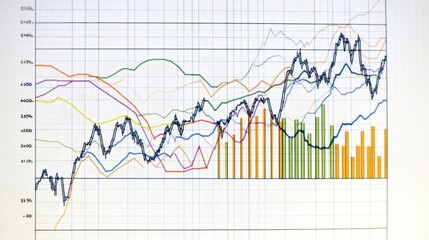 Fototapeta premium An abstract financial chart with colorful lines and bars representing stock market trends and data analytics.