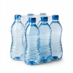 four clear plastic water bottles with blue caps in a plastic six pack isolated on white background