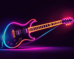 Fototapeta premium A vibrant neon electric guitar with glowing strings, set against a dark background, evoking energy and creativity.