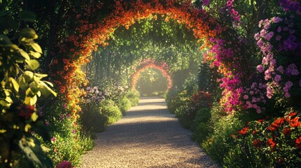 Fototapeta premium Lush Garden Pathway with Colorful Flower Arches and Bright Sunlight