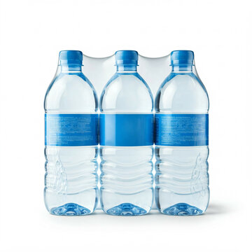 three blue plastic water bottles in shrink wrap isolated on a white background