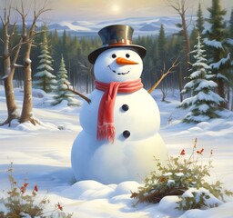 Obraz premium Illustration of snowman with winter landscape.