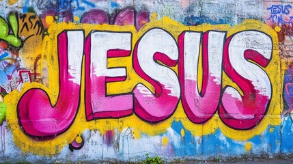 word " JESUS , paint on wall with grungy graffiti style, Christianity and Catholic word