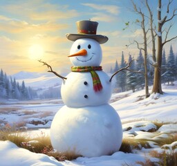 Obraz premium Illustration of snowman with winter landscape.