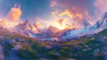 A stunning landscape at sunset featuring majestic mountains and colorful skies.
