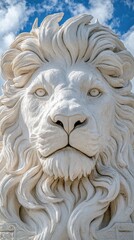 Fototapeta premium A majestic lion sculpture with detailed features against a blue sky.