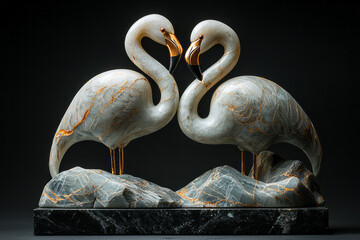 A flamingo pair sculpted from marble, with golden veins accentuating their long legs and intertwined necks,