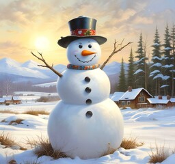 Obraz premium Illustration of snowman with winter landscape.