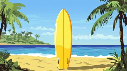 A bright yellow surfboard stands on the sandy beach, framed by lush green palm trees under a clear blue sky.