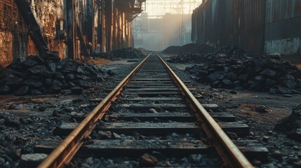 Naklejka premium Abandoned Railway Tracks Surrounded by Gravel in Urban Setting
