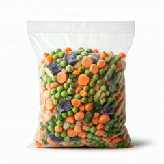 frozen mixed vegetables in a plastic bag on a white background