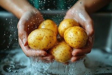 woman hands rinsing fresh potatoes under tap water, emphasizing vegetable hygiene, food safety, and cooking preparation.