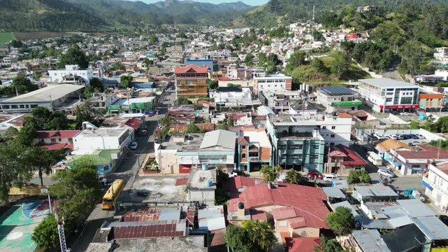 Aerial view of the town center of Constanza in the mountainous La Vega province in the Central Range of the Dominican Republic