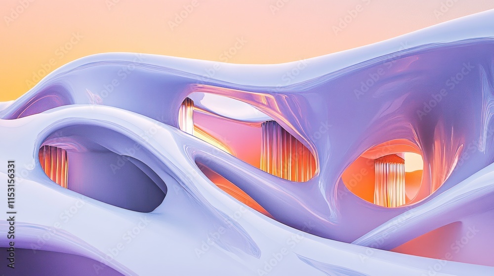 Fototapete abstract 3d rendering of a flowing, organic structure with pastel colors and glowing interior spaces
