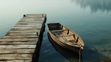 Serene Wooden Boat Docked at Tranquil Lake in Morning Light