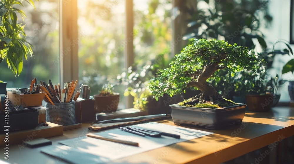 Poster a serene bonsai workspace with tools and miniature trees neatly arranged, a bright room with natural