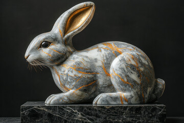 A hare sculpted from marble, with veins of gold highlighting its long ears and poised posture,
