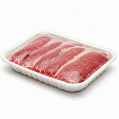 raw red meat steaks in styrofoam packaging on white background