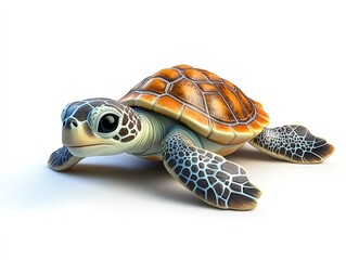 Obraz premium Adorable 3D cartoon baby sea turtle, playful and colorful, on a clean white background. 