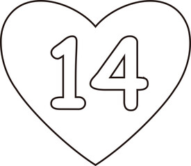 Isolated Valentine's Day heart pattern with 14 number outline.
 heart shape flat icon.
Valentine's Day love element.