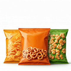 three snack bags of pretzels, potato chips, and popcorn in orange green and yellow on white background