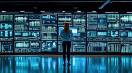 Woman reviewing data on a large screen.