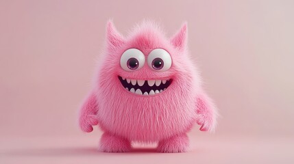 Cute 3D pink furry monster, lovely cartoon character with bright colors, set on a light background.  