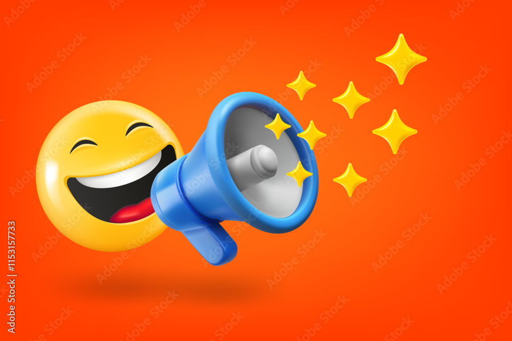 Poster emoji shouting with loudspeaker. 3d vector illustration