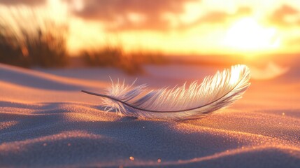 Delicate Feather on a Sandy Beach at Sunset Glow