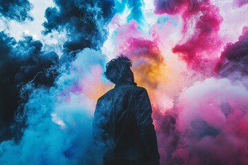 Person Releasing Burst of Paint Clouds, Electric Blue, Hot Pink, and Golden Yellow Exploding Outward