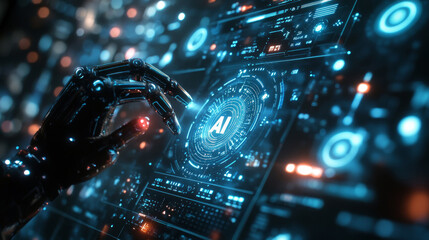Robot processing data through interactive digital display, navigating advanced technological workspace with ai interface integration