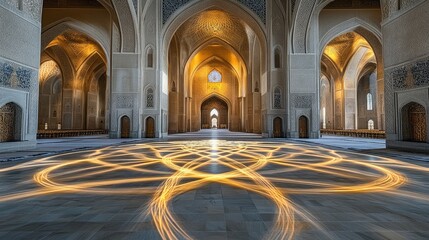 Obraz premium A grand architectural interior featuring intricate arches and illuminated patterns on the floor.